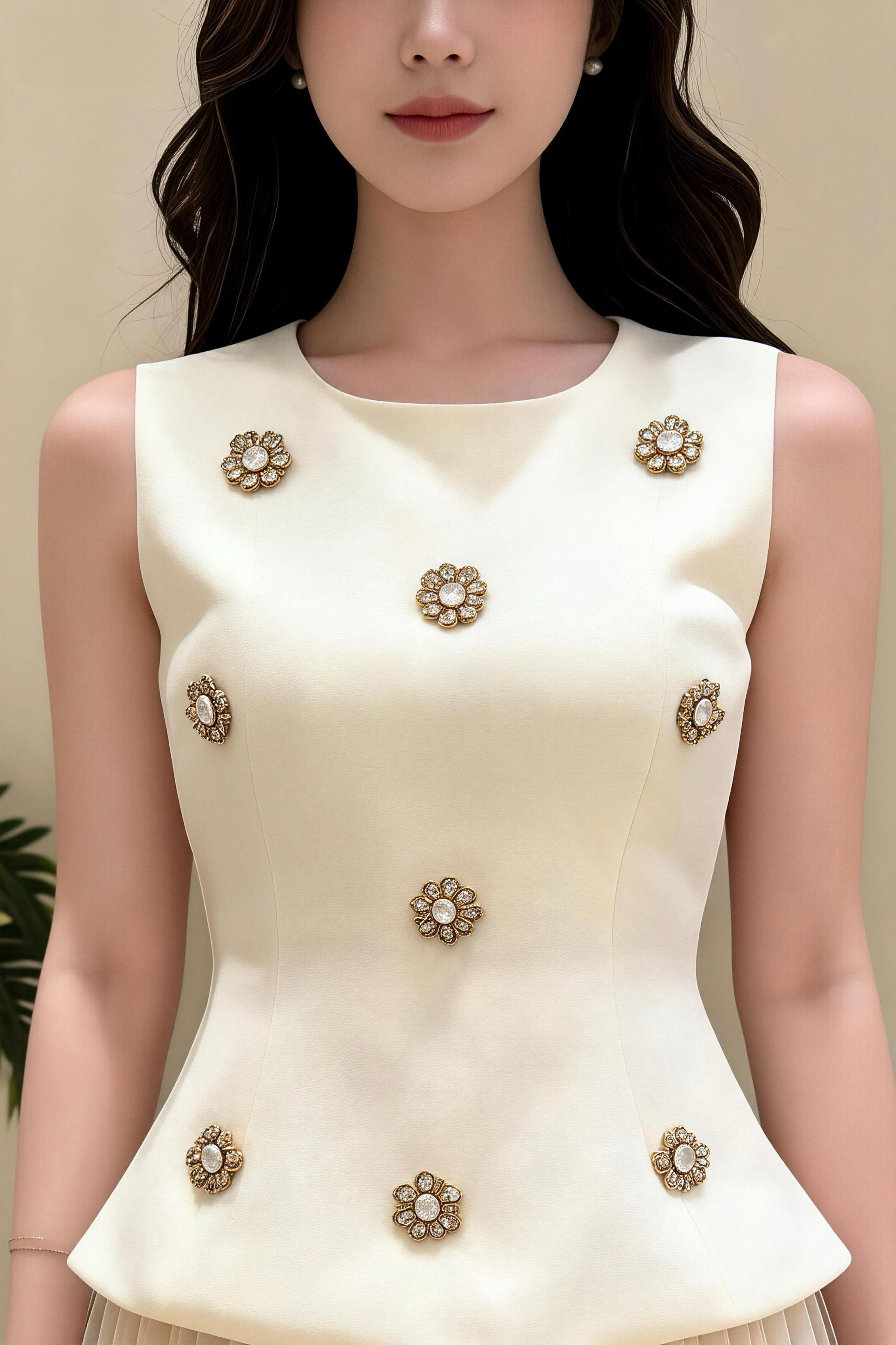 Camiseta sin mangas estilo Chanel con perlas bordadas