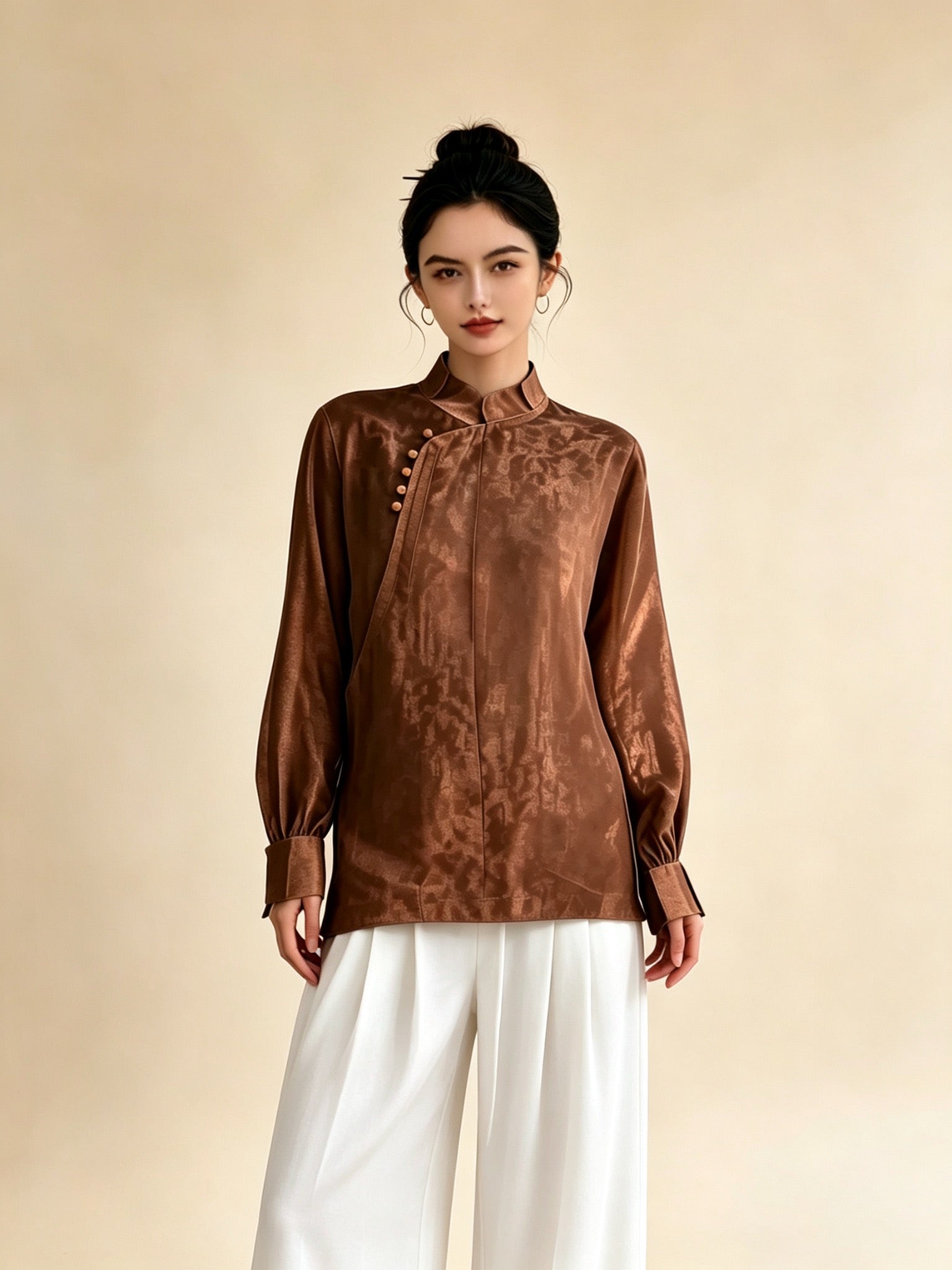 Blusa protector solar transparente de tencel cuello mandarín