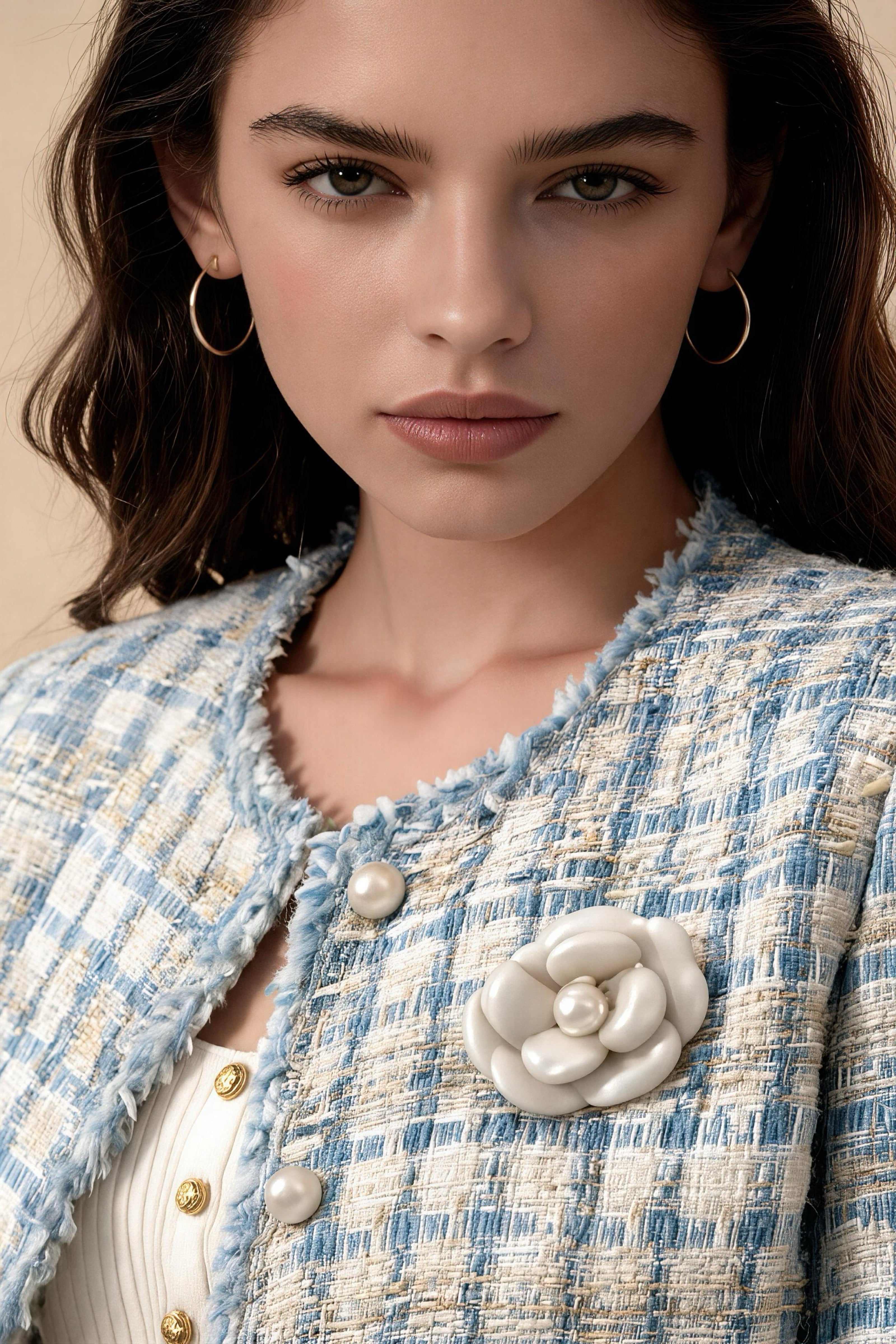 Conjunto de tweed estilo Chanel francés azul claro, chaqueta corta de cuello redondo con botones de perla + falda corta