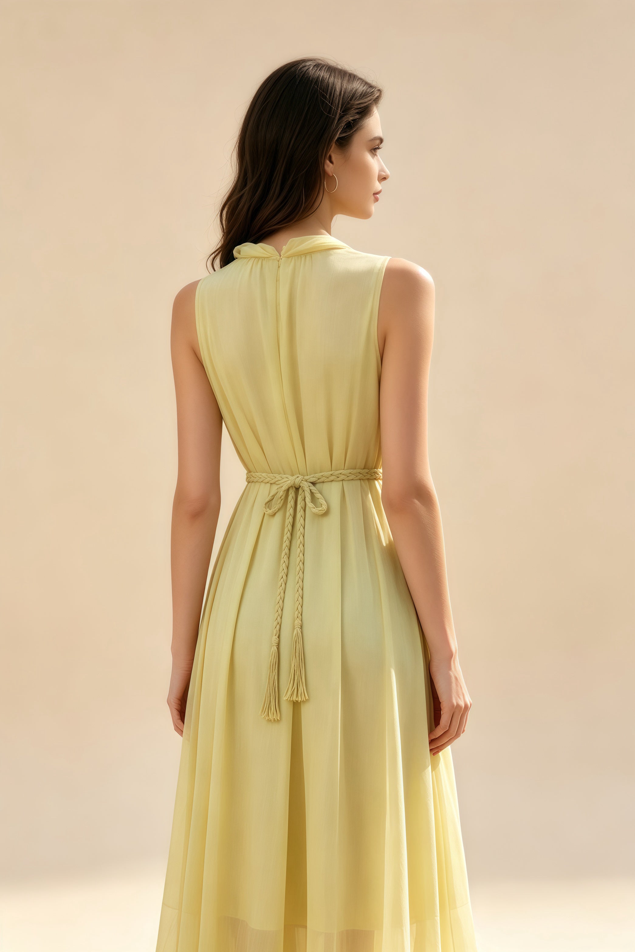 Vestido Amarillo de Cuello Halter con Cinturón Trenzado, Vestido Largo de Tencel para Vacaciones