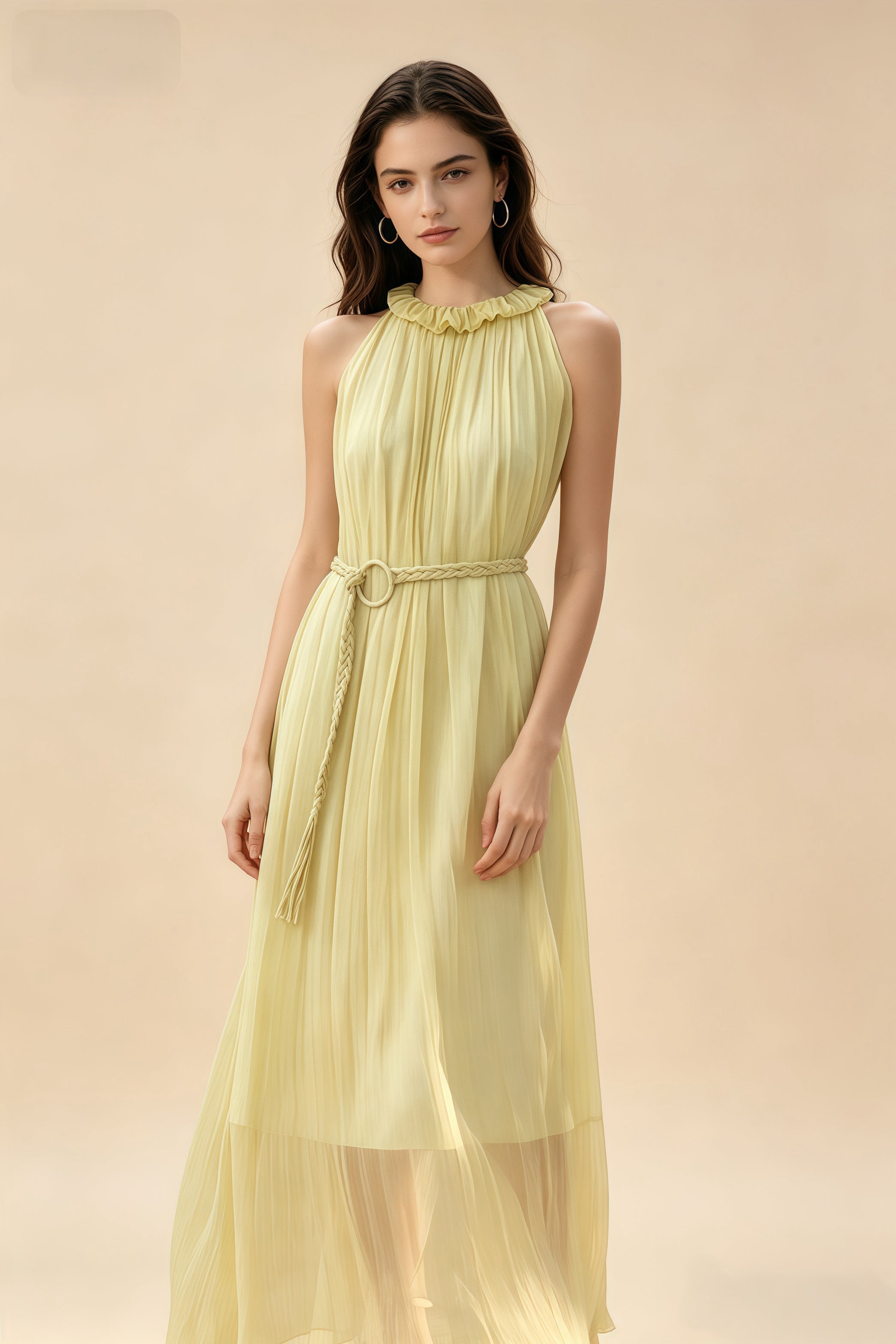 Vestido Amarillo de Cuello Halter con Cinturón Trenzado, Vestido Largo de Tencel para Vacaciones