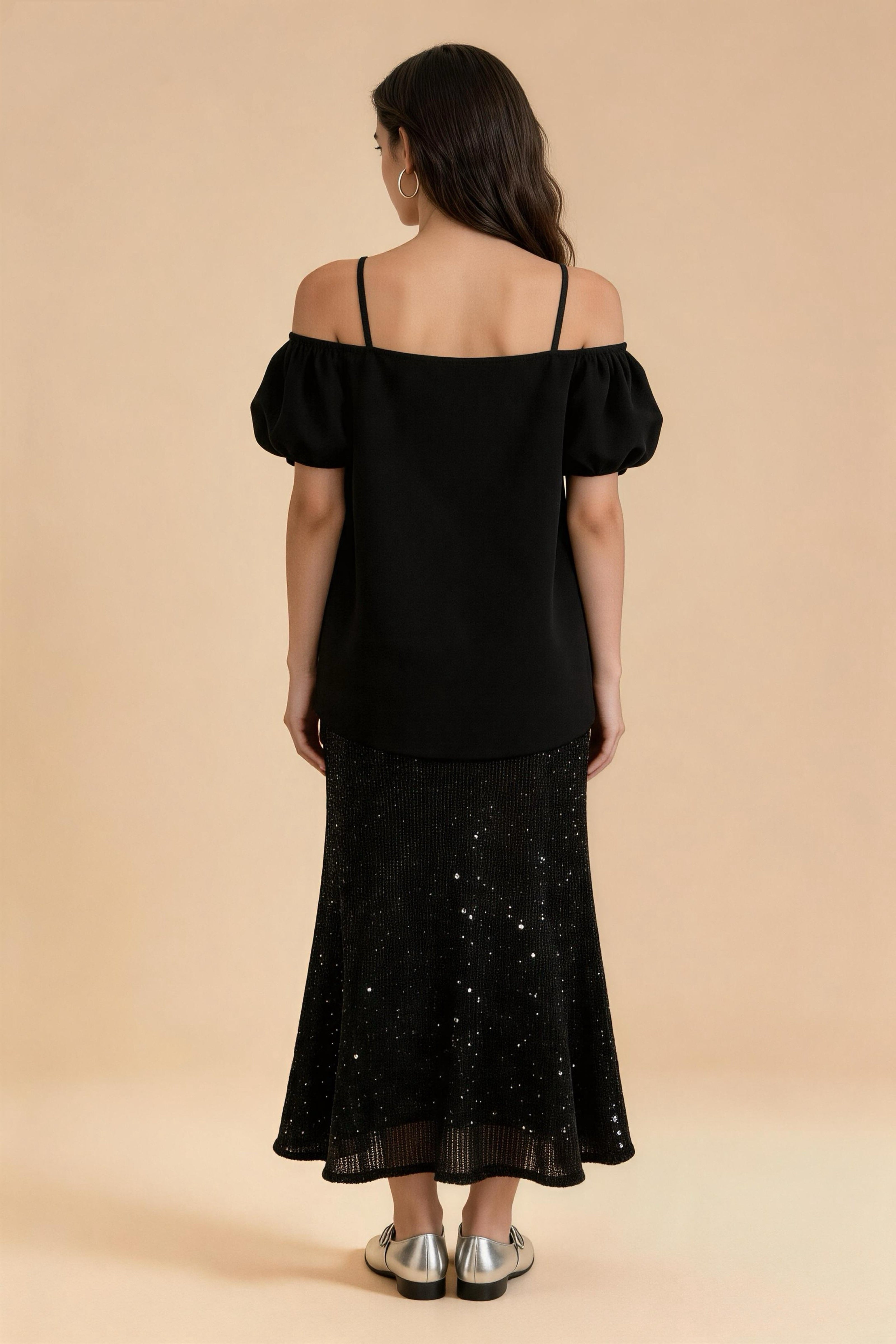 Falda larga de lentejuelas brillantes de lujo con cintura alta, corte en A adelgazante, ideal para fiestas y eventos Descripción Corta