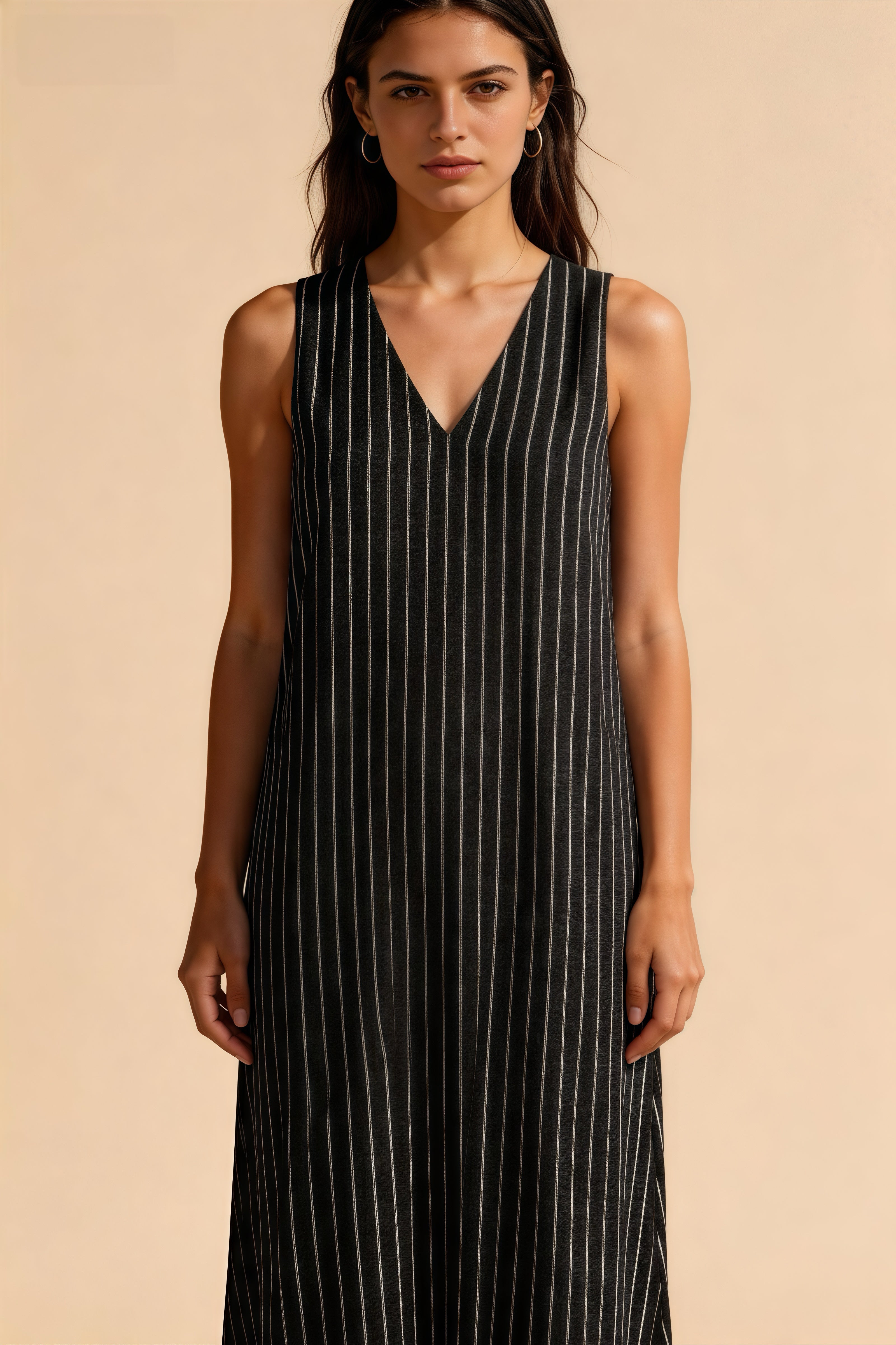 Vestido largo sin mangas de rayas finas blancas sobre negro, corte holgado para oficina y diario
