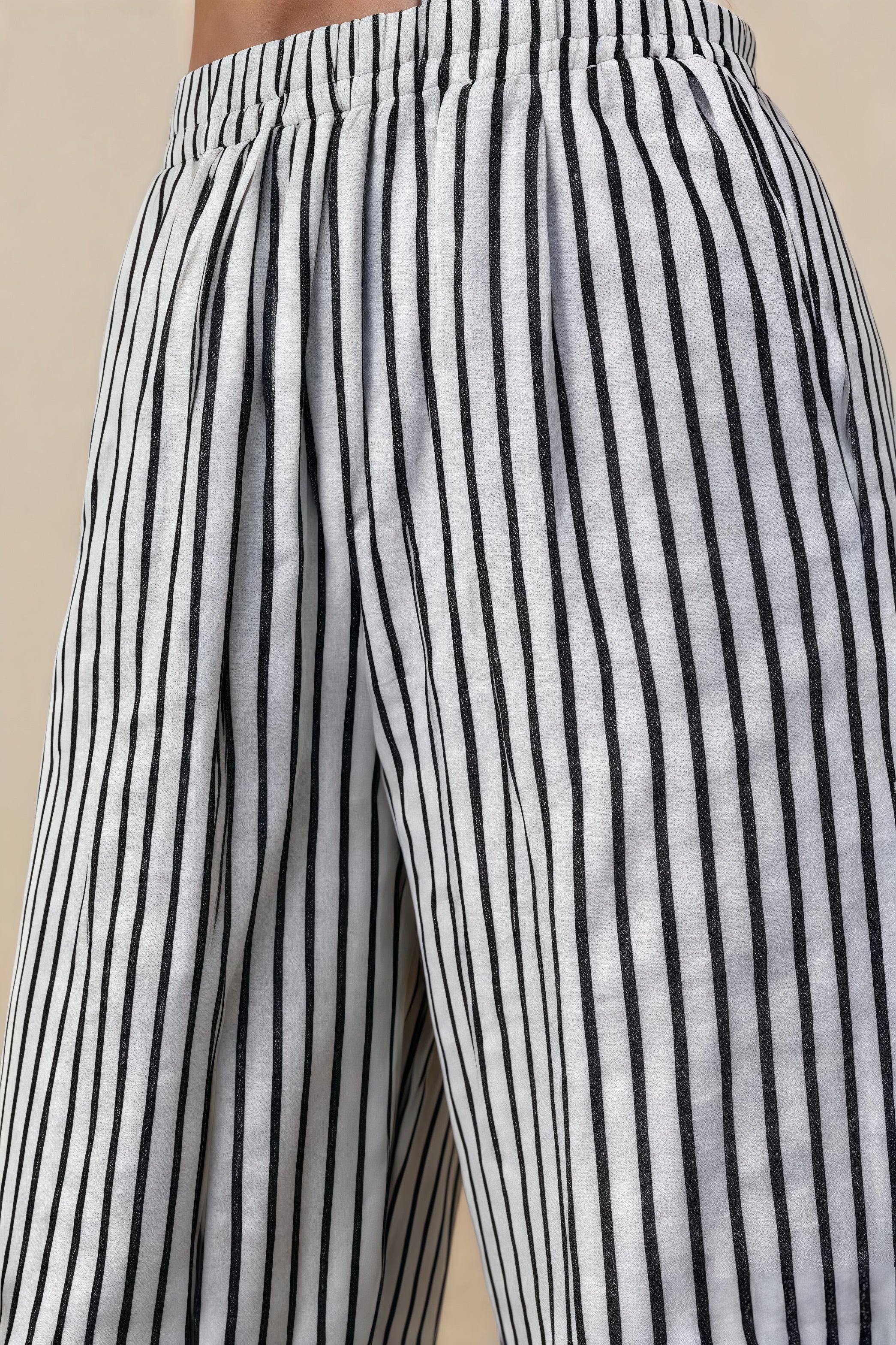 Pantalones Anchos Rayas Negro Blanco con Cordón, Mezcla de Lino de Alta Caída para Ocio