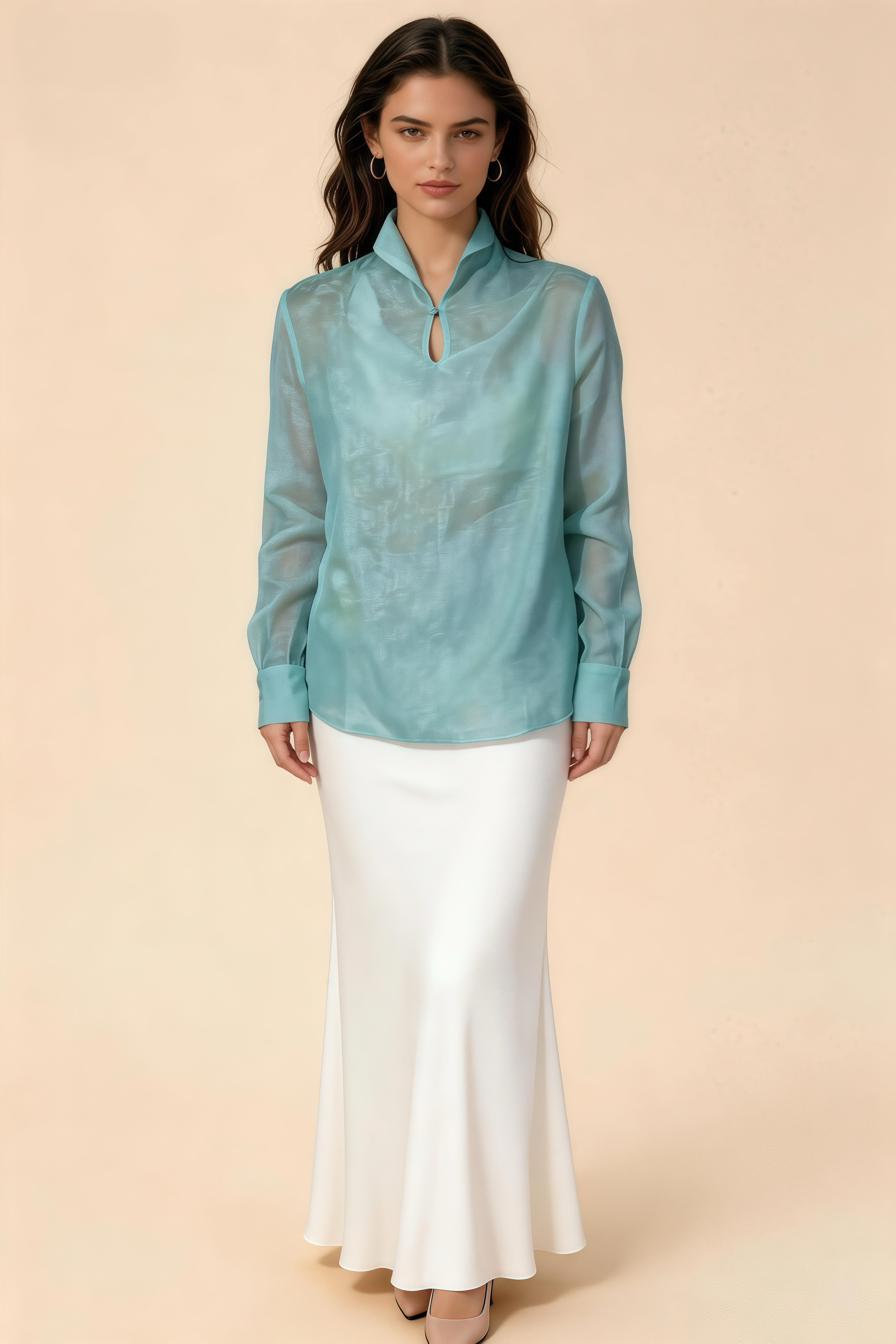 Blusa Transparente de Cuello Mao Azul Lago