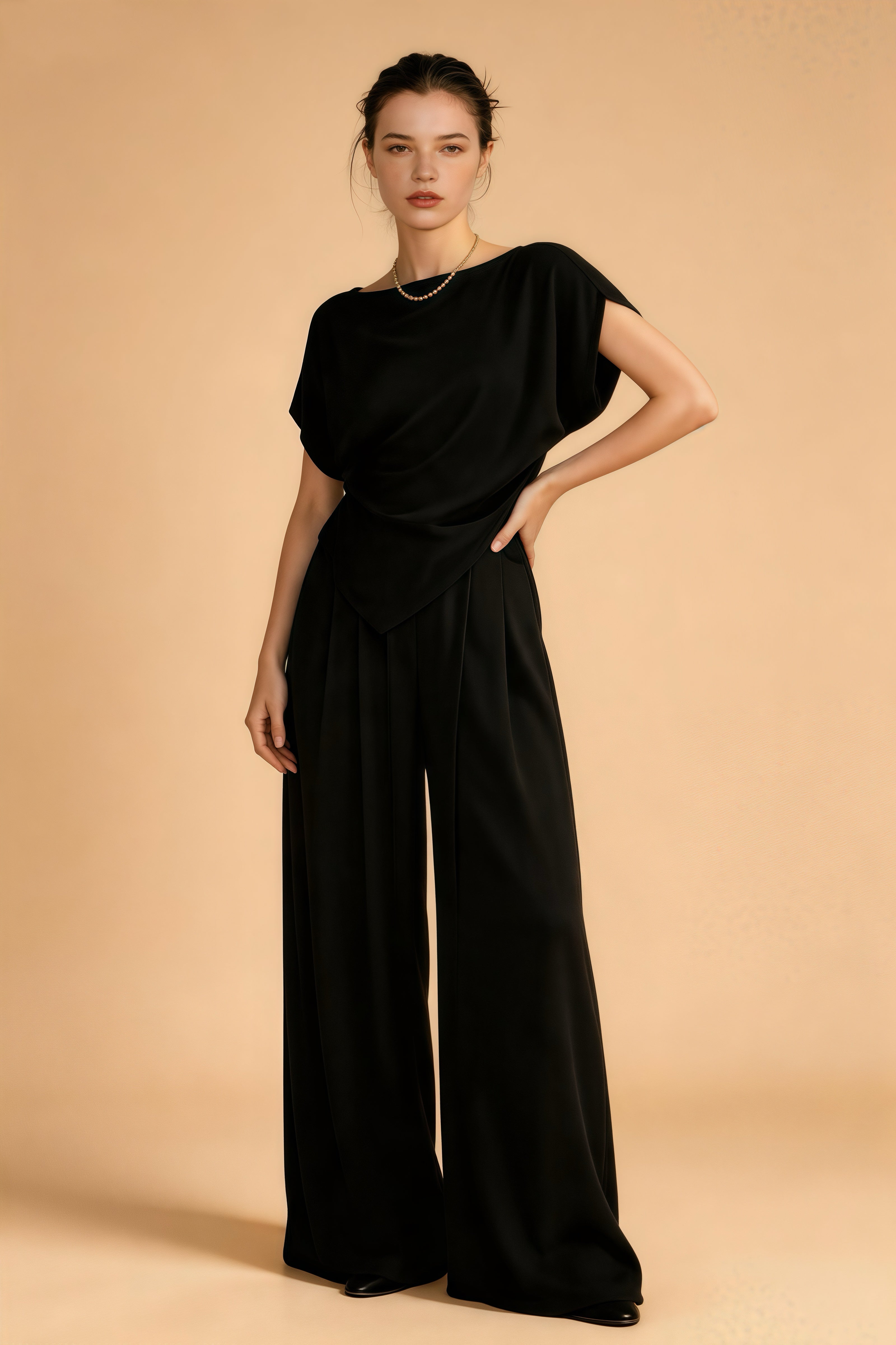 Conjunto de satén azul neblina elegante, pantalones anchos con cinturón asimétrico de falda inclinada