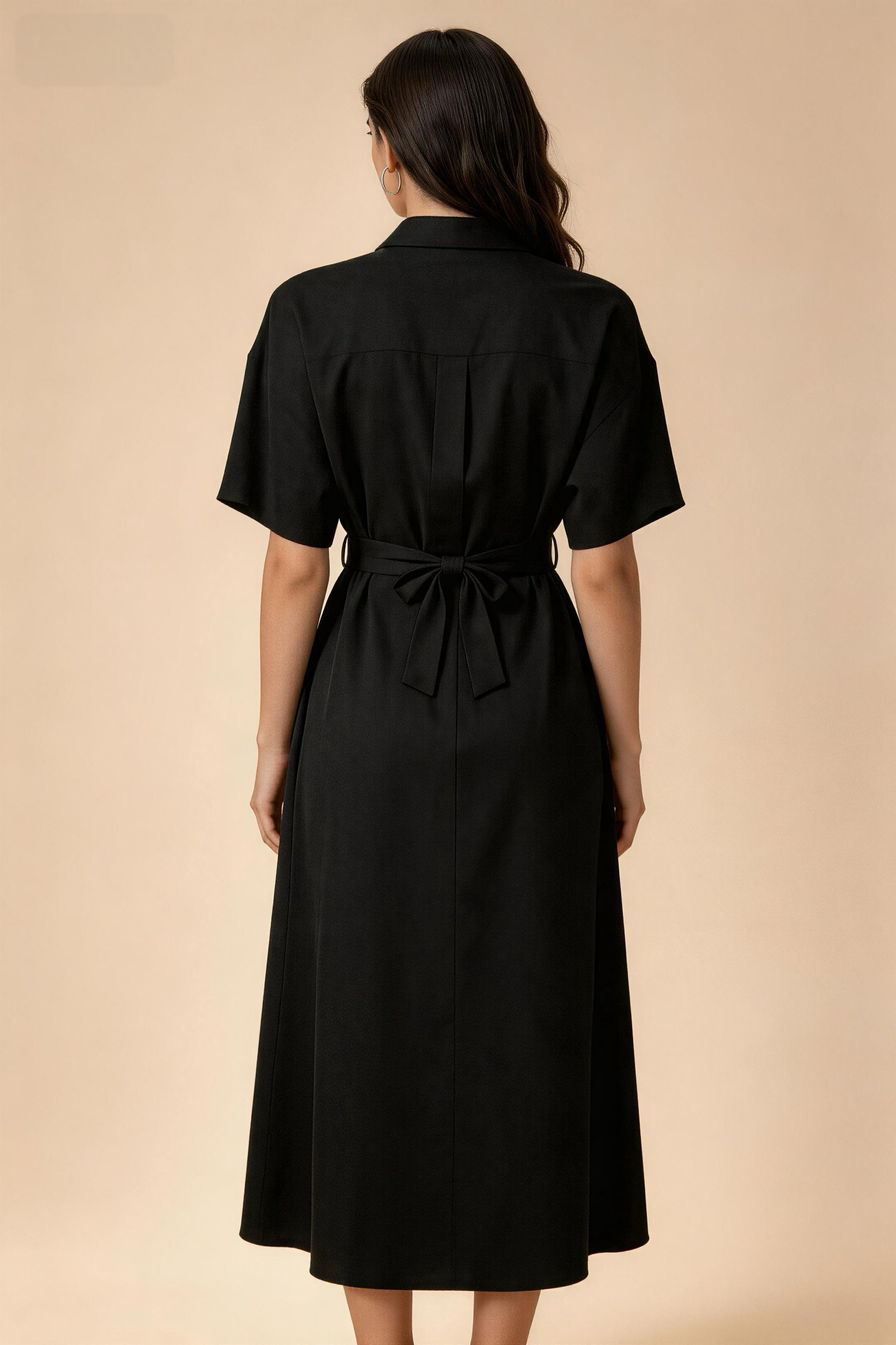 Vestido camisero negro simple con cinturón ajustable, vestido largo de manga corta con caída perfecta, adelgazante y versátil para oficina