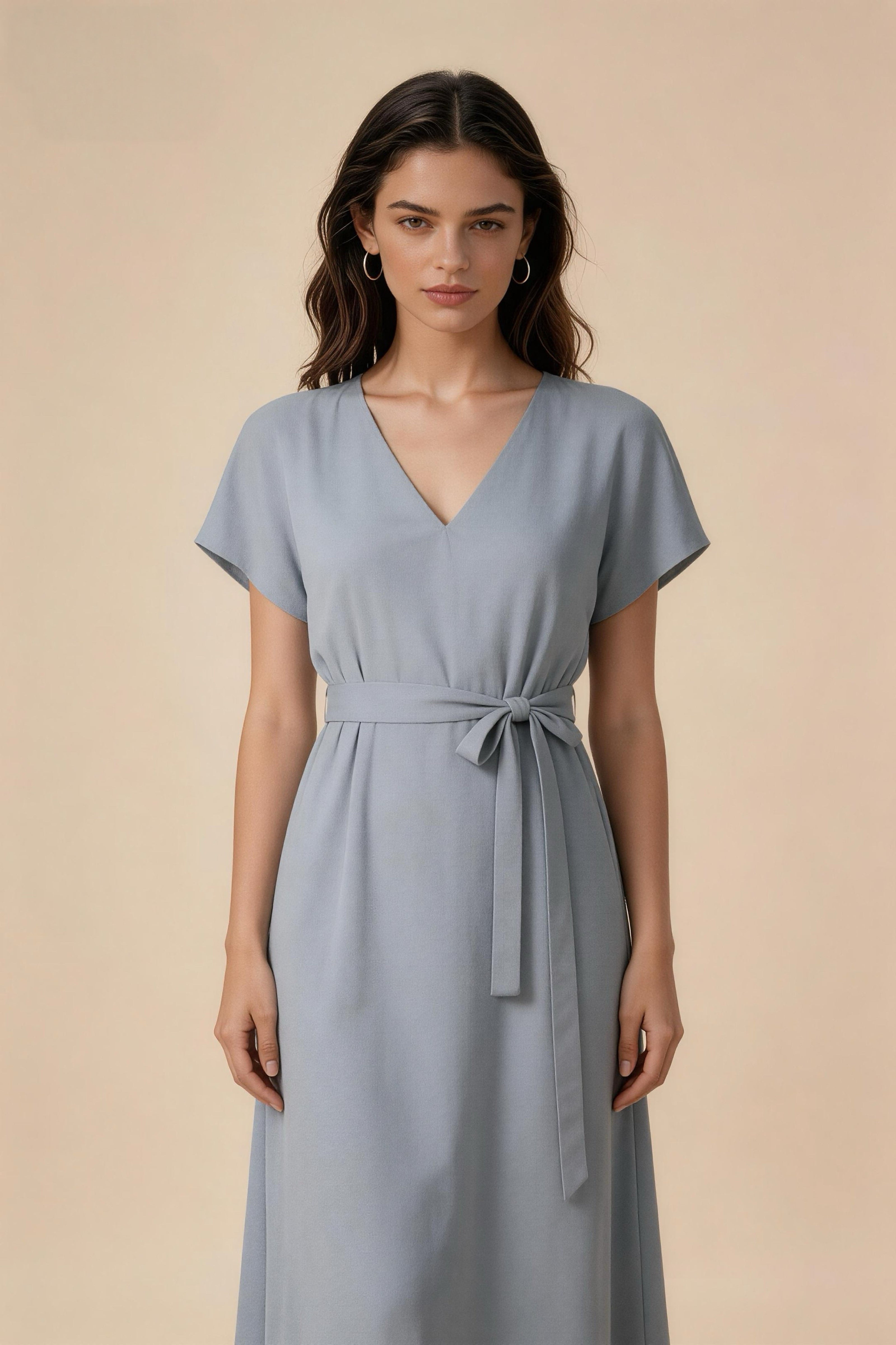 Vestido Azul Neblina con Volantes y Cinturón, Cuello Redondo para Oficina y Eventos